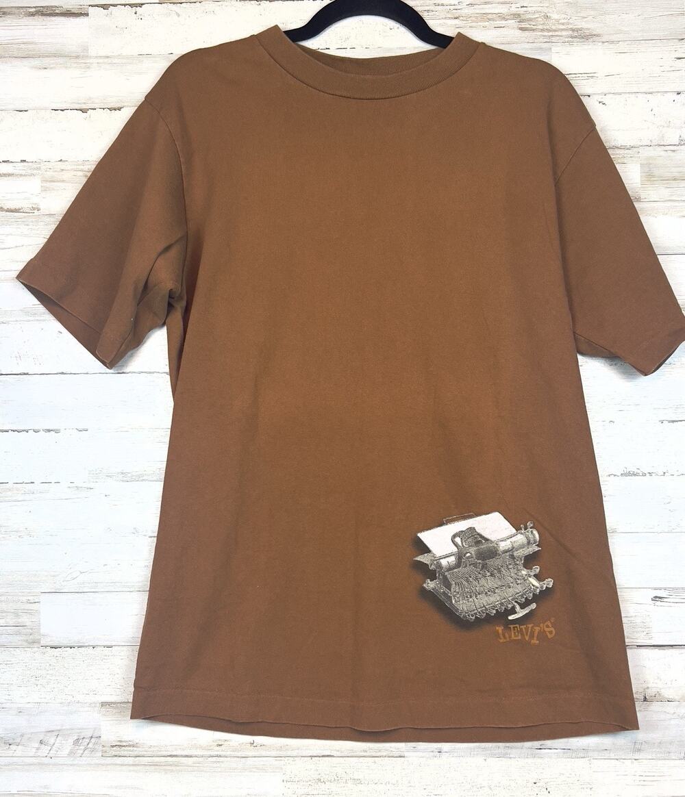 Vintage Levis Single Stitch Graphic T-Shirt XL Made in USA 1996 Typewriter Brown